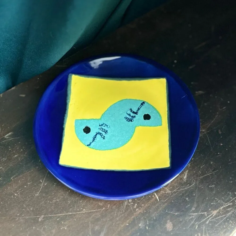 Studio Pottery Plate Stylized Yin Yang Fish